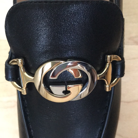 Gucci Zumi GG silver/gold Logo Black Leather Square Toe Mid Heel Loafers Pumps - Picture 5 of 6